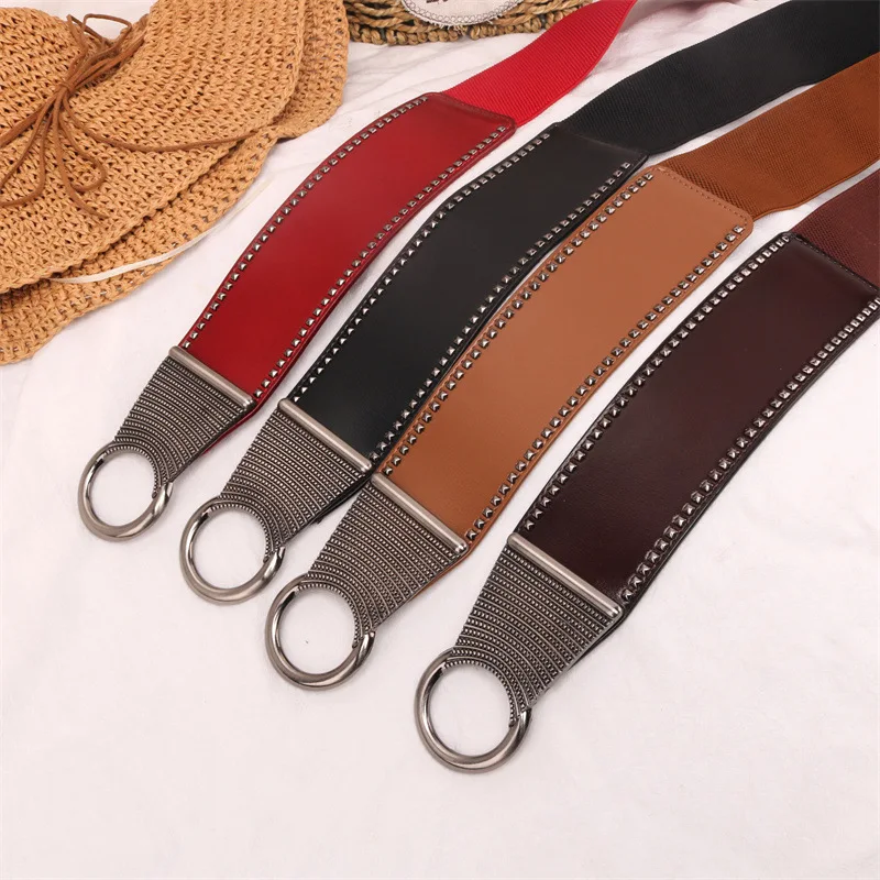 Cintura larga da donna in pelle di vacchetta a due strati, decorazione da donna, cintura da donna nera elasticizzata