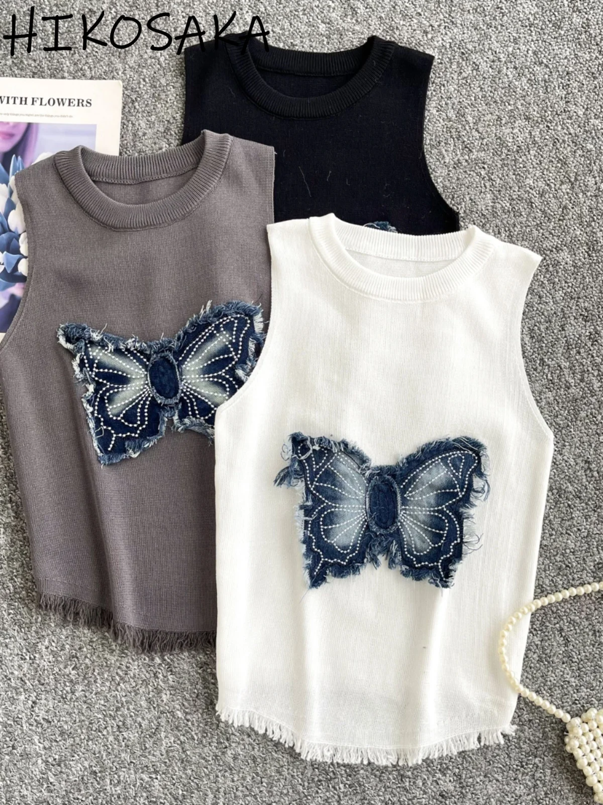 

American Vintage Hottie Denim Bow Embroidery Graphic Tanks O-neck Sleeveless Knit Top Summer Slim Fit All-match Women Clothes
