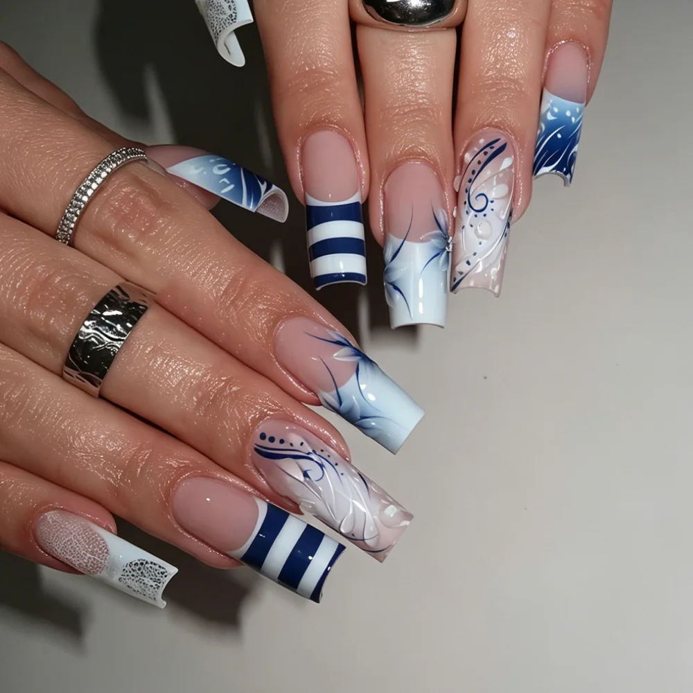 Long Press On Nails Blue Stripes French Style False Nails Wave Point Designs Fake Nail Lace Design Press on Nails Vine Nails Art