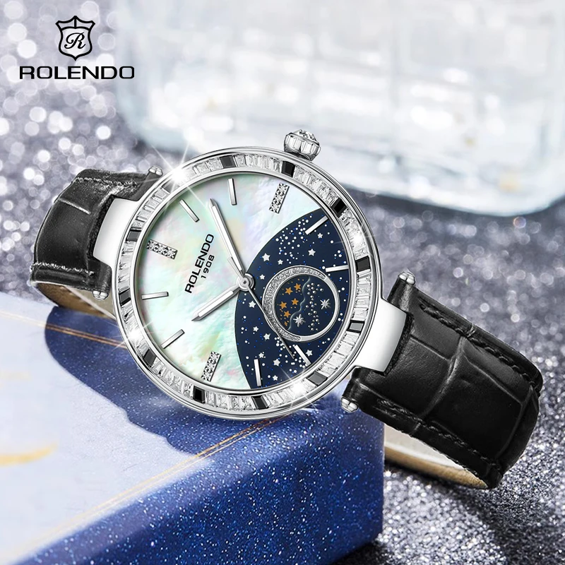 

ROLENDO Ladies Automatic Watch35mm Sapphire Crystal CZ Diamond Bezel Luminous Calendar WR 50m Mechanical Movement Luxury Elegant