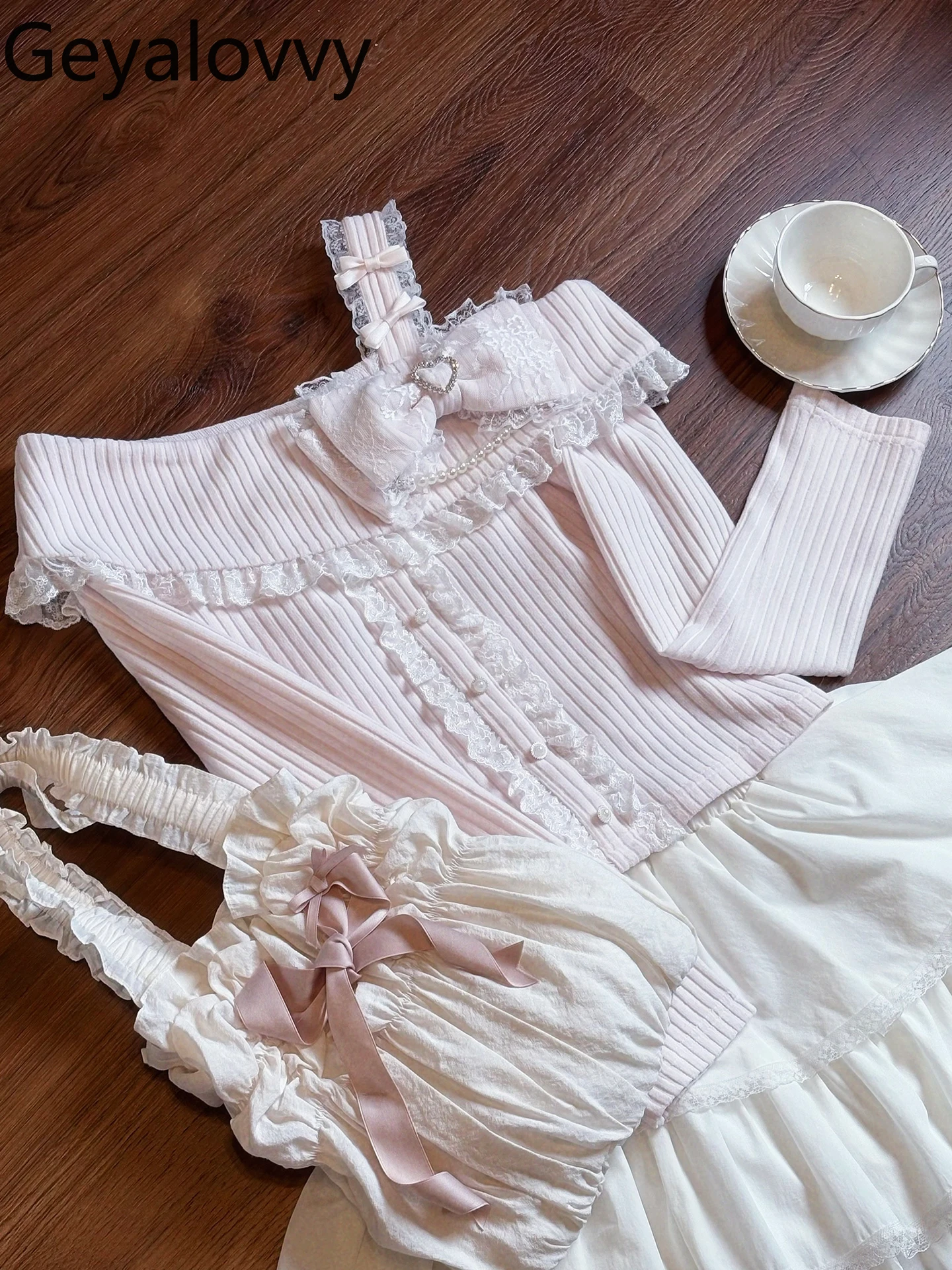 Autumn New Original Design Sweet Girls Off-Shoulder Knitwear Versatile Long Sleeve Slimming Inner Short Top and Skirt Set