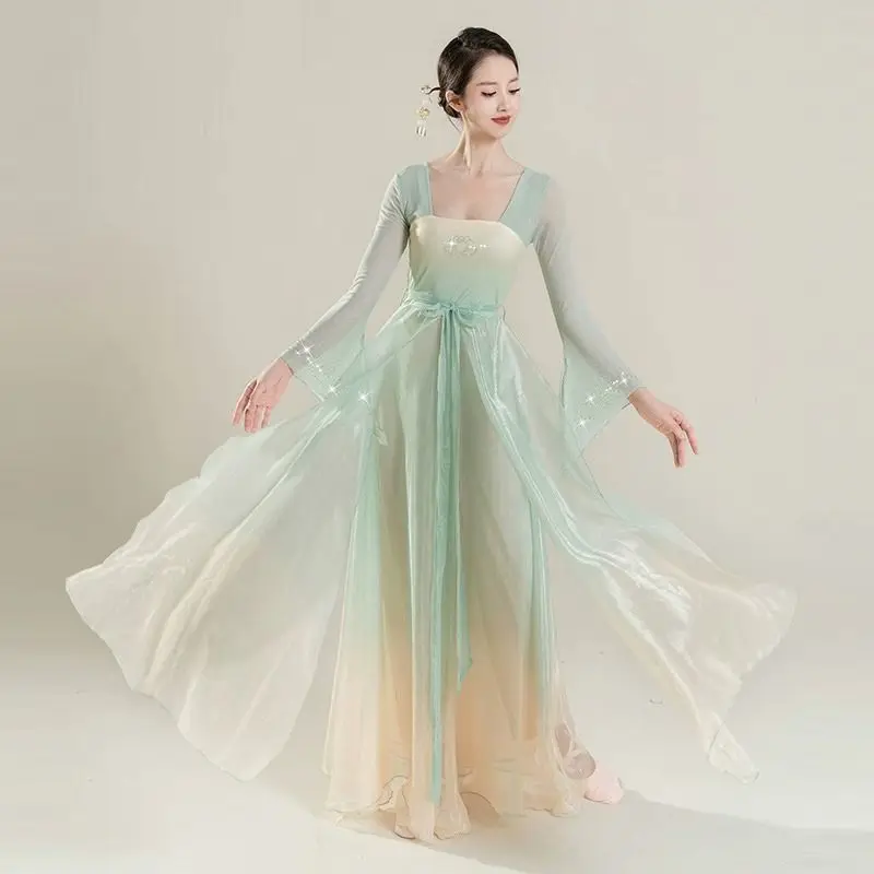 

Classical Dance Costume for Women Han and Tang Dynasty Chinese Style Stage Outfit Showcasing an Elegant and Long Mesh Dress