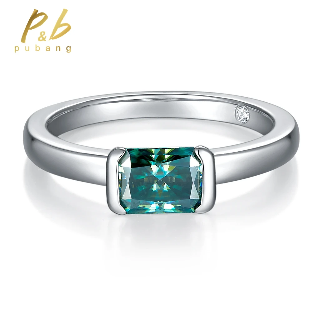 

PuBang Fine Jewelry Sparkling 925 Sterling Silver Radiant Cut 5*7MM GRA Green Moissanite Diamond Rings for Women Engagement Gift