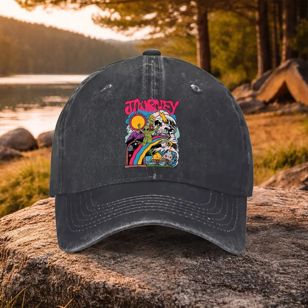 Casual All-Match JOURNEY Psychedelic Print Washed Baseball Cap, Suitable for Golf, Casual Wear And Outdoor Activities, Unisex Go