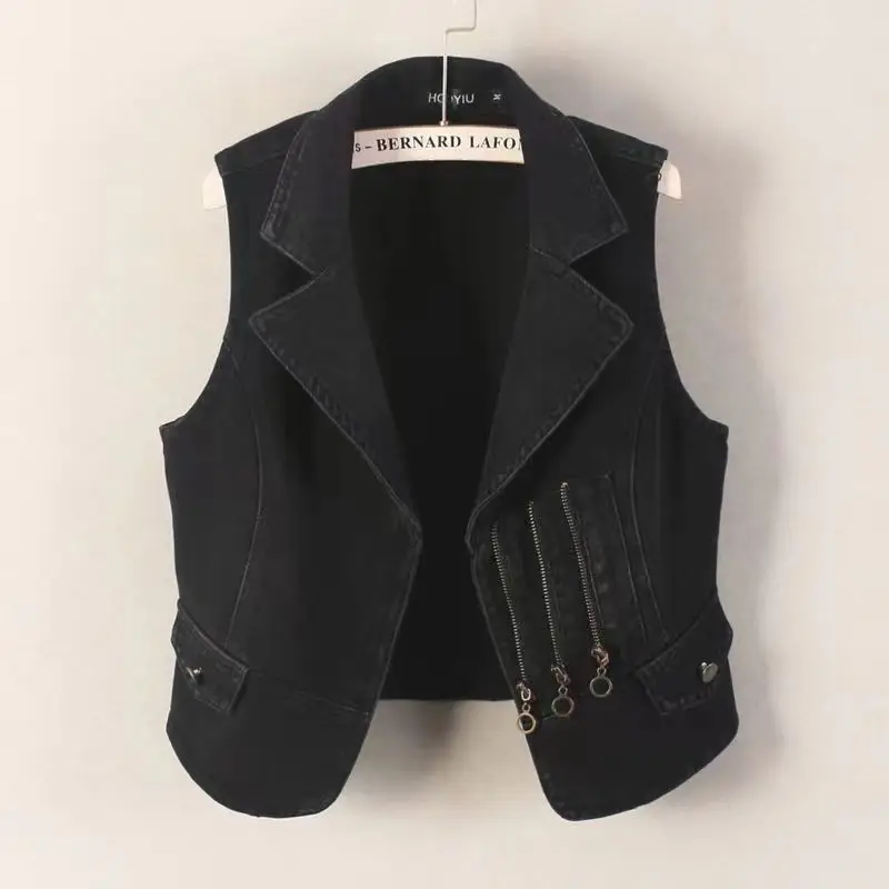 

Black denim vest women's short and slim outer wear new early autumn sleeveless coat black suit collar zipper vest for women