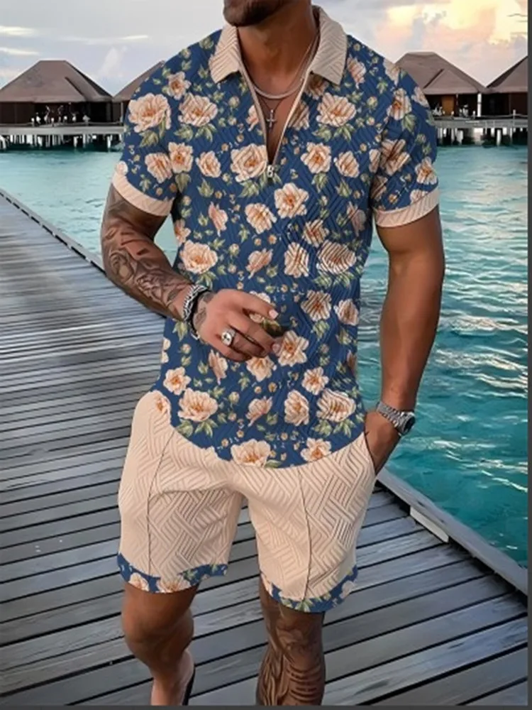 Fashion summer men\'s flower shirt casual holiday short-sleeved Polo shirt set 3D printed clothing 2 pieces