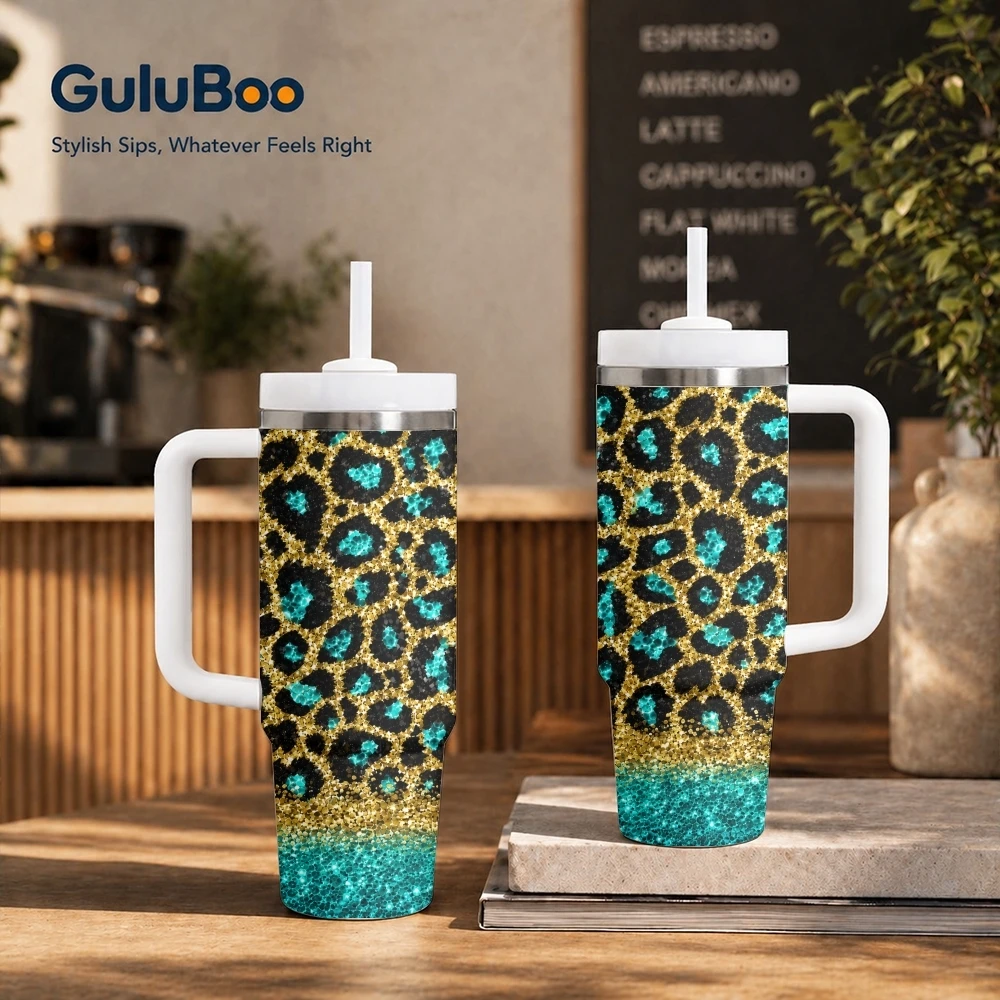 Glitter Leopard Print Bundle Vacuum Flasks 40oz Stainless Steel Insulated Tumbler With Handle & Straw Leakproof Travel Mug