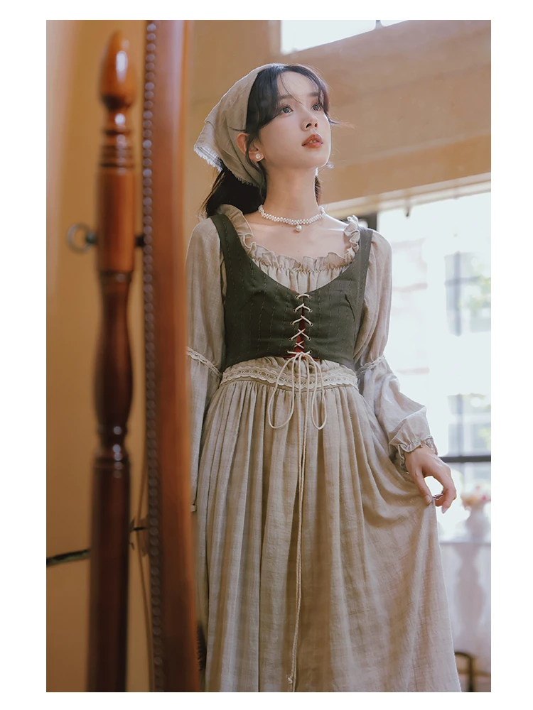 Medieval Cottagecore Retro Strappy Vest Cotton Linen Two-piece Dress Woman Renaissance Vintage Gothic Court Princress Dresses