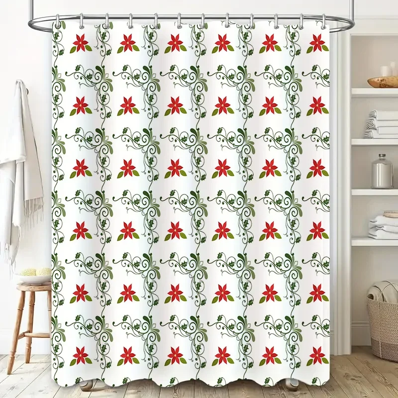

Red Floral Shower Curtain Printed with Green Vine Pattern Decorate Your Bath in Style!