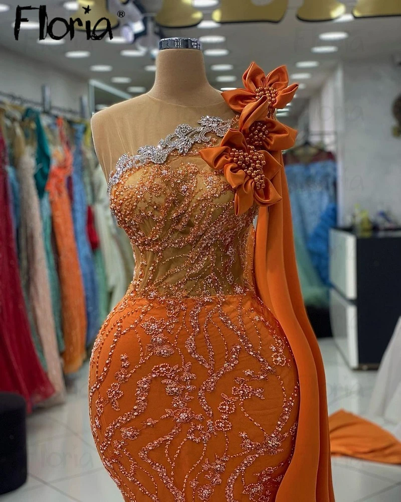 Orange One Cape Sleeve Luxury Celebrity Gown Evening Dress African Formal Party Dresses Dubai Beaded Special Occasion Dresses