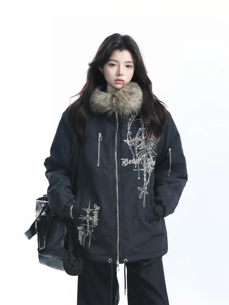 Parkas Vintage americanas de invierno con cuello alto y bolsillos, abrigos con cremallera estampados, chaquetas gruesas cálidas Y2k Punk gótico, ropa holgada para mujer