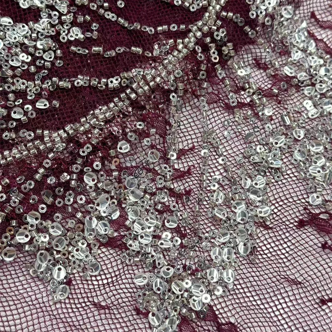 Gorgeous Burgundy Tulle Silver Maple Leaf Motif Sequins Beaded Embroidered Mesh Lace French Textile for Party Dinner Dress