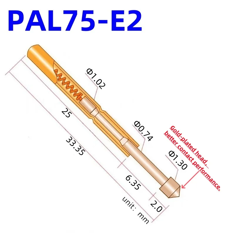 100PCS PAL75-E2 Spring Test Probe PAL75-E Test Pin Test Tool 33.35mm Dia 1.02mm Gold Needle Tip Dia 1.3mm Pogo PinPL75-E PL75-E2