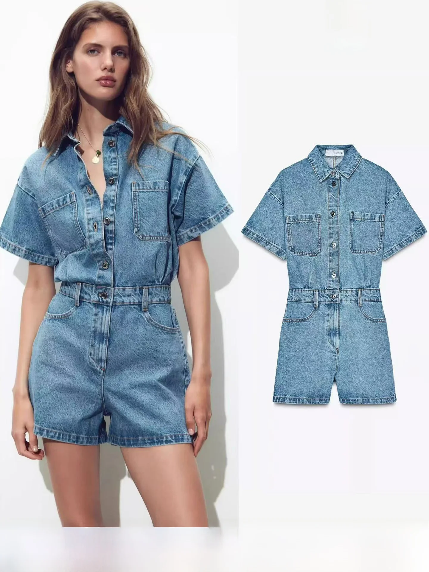 

Summer New Women's Collared ort Sve Denim ortie Onesie High Waist Straight Leg Cotton Fabric Commute Sle High Waist
