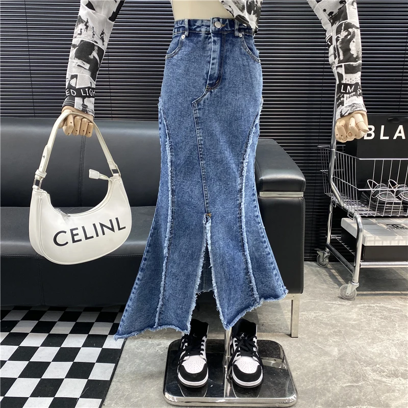 New 2022 fashion Designer new style Famous brand Front slit sexy fishtail long high waist wrap hip fringe irregular denim skirt