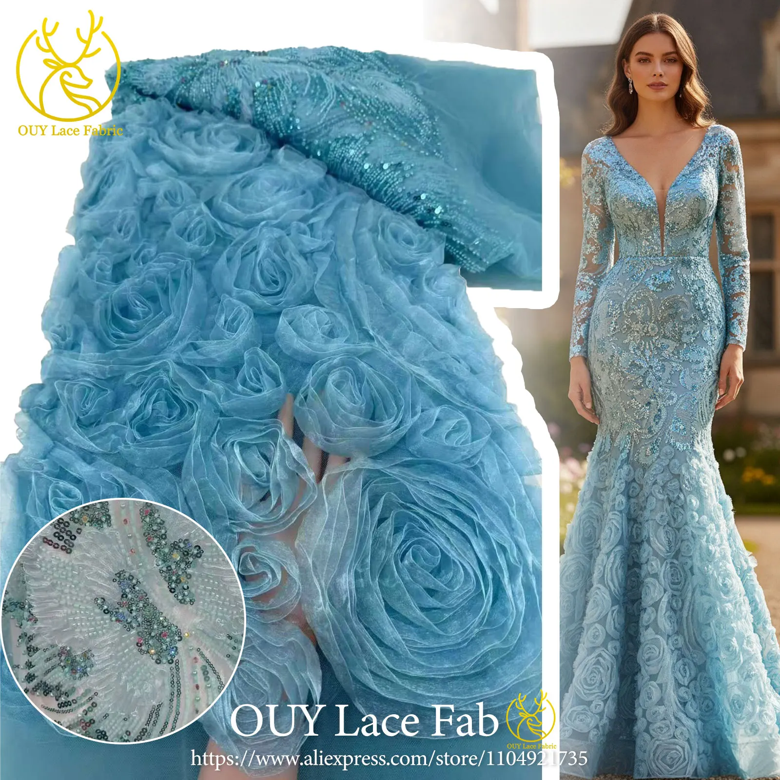 Latest African Beaded Sequins Lace Fabric 3D Tulle Fashion Lace Fabric Ideal for Wedding Party Dresses and Bridal Gowns