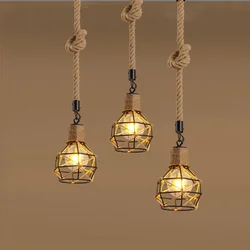 Loft Retro Handmade Hemp Rope Pendant Lights Fixture Iron Vintage Industrial American Cafe Bar Kitchen Indoor Led Hanging Lamps