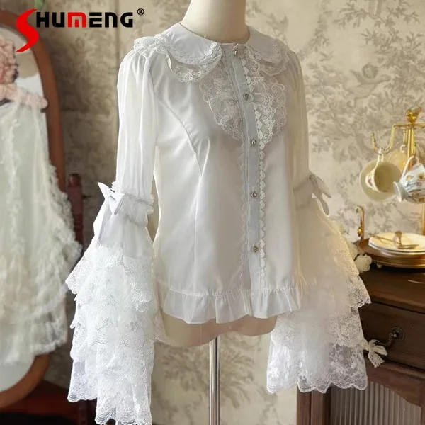 Japanese Lolita Style White Blouse Women Vintage Bow Flare Sleeve Shirt Summer Y2k Aesthetic Lace Patchwork Tops JK Loose Blusas