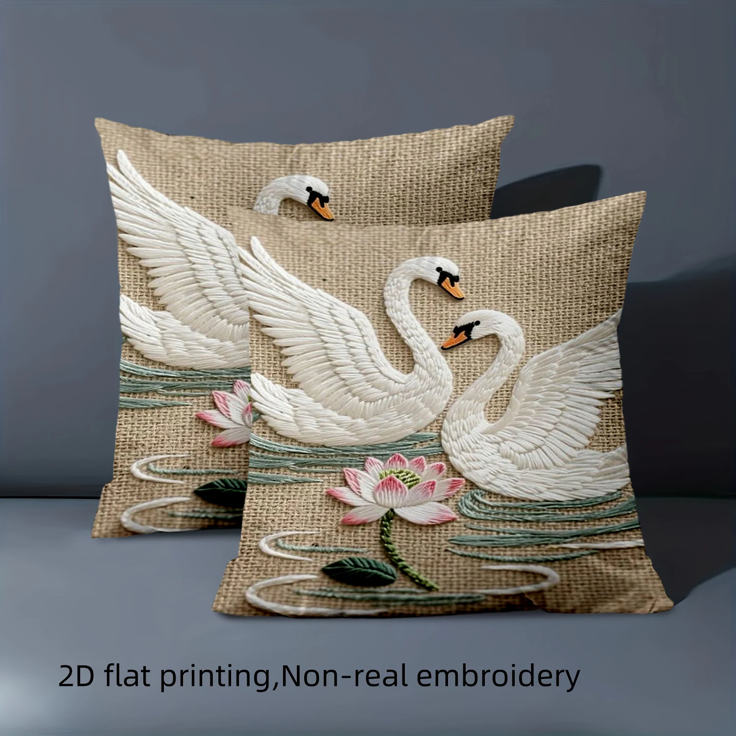 1 pillowcase 2D flat printing Embroidered Swan Pattern Burlap Style Cushion Polyester pillowcase sofa decorative cushion cover