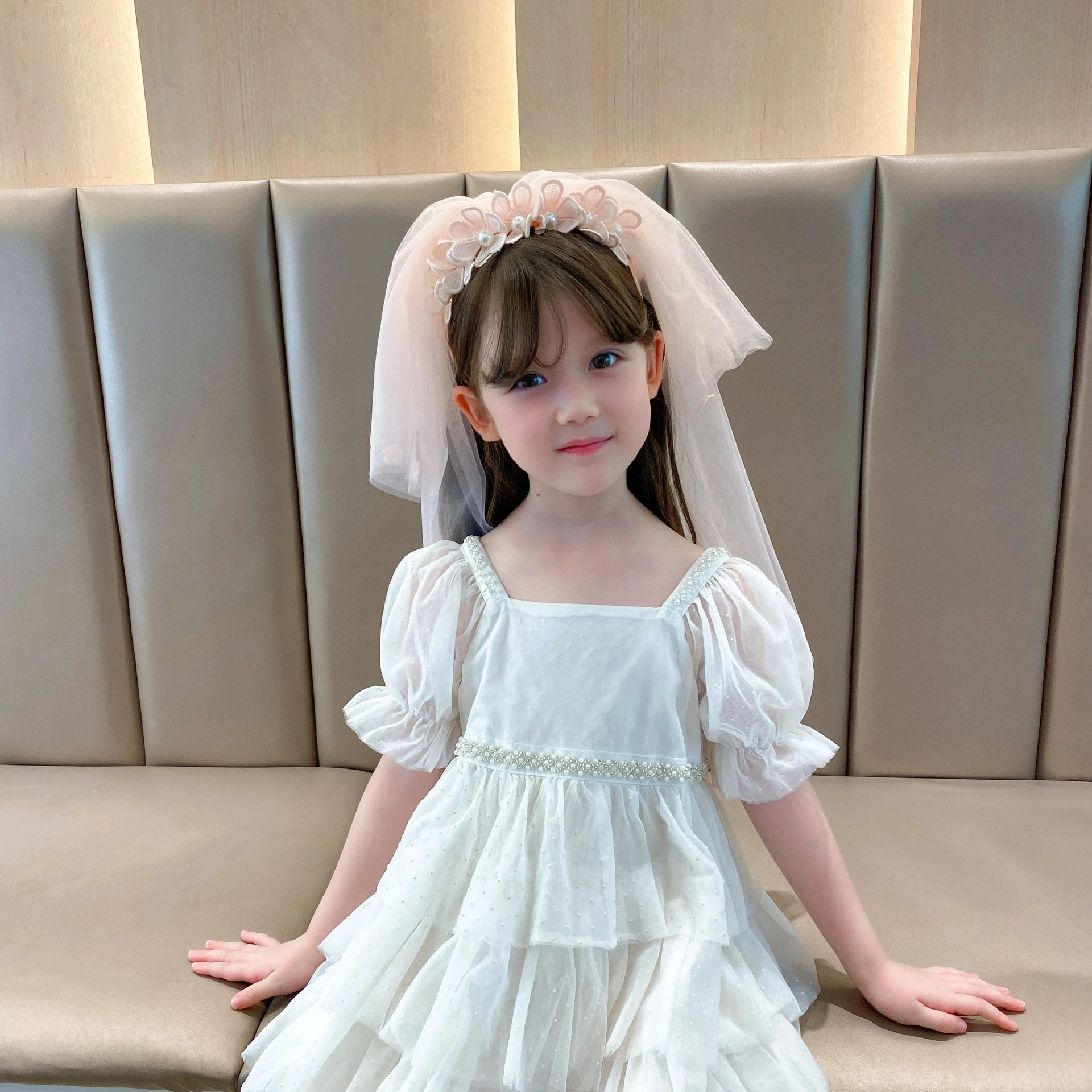 

White Tulle Veil Hairband for Girls Party Hair Accessories Children Floral Headwrap Princess Turban Newborn Photography Props