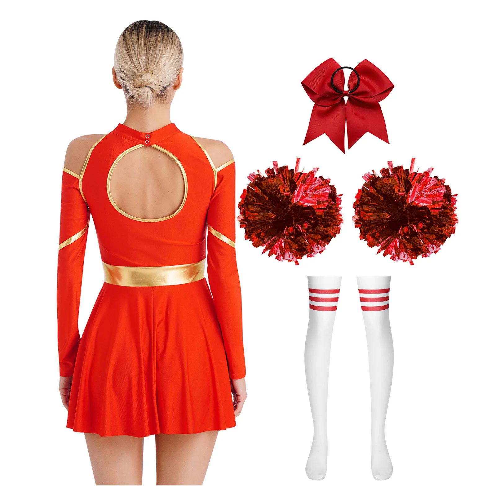 Cheerleader Outfit Cheering Uniform Women Girls Long Sleeve Dress with Pom Poms Stocks Schoolgirls Cheer Leader Dance Costumes