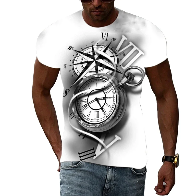 

New Fashion Cool Style Compass graphic t shirts men Summer Trend Casual 3D Print White T-shirt Handsome Personality tshirt Top