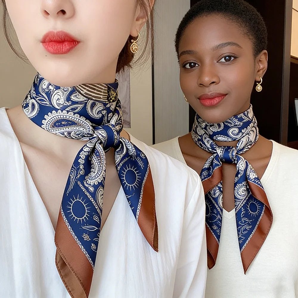1pc Retro Style Paisley Houndstooth Printed Square Scarf Soft Satin Thin Smooth Neck Scarf Sunscreen Headscarf Women Head Wrap