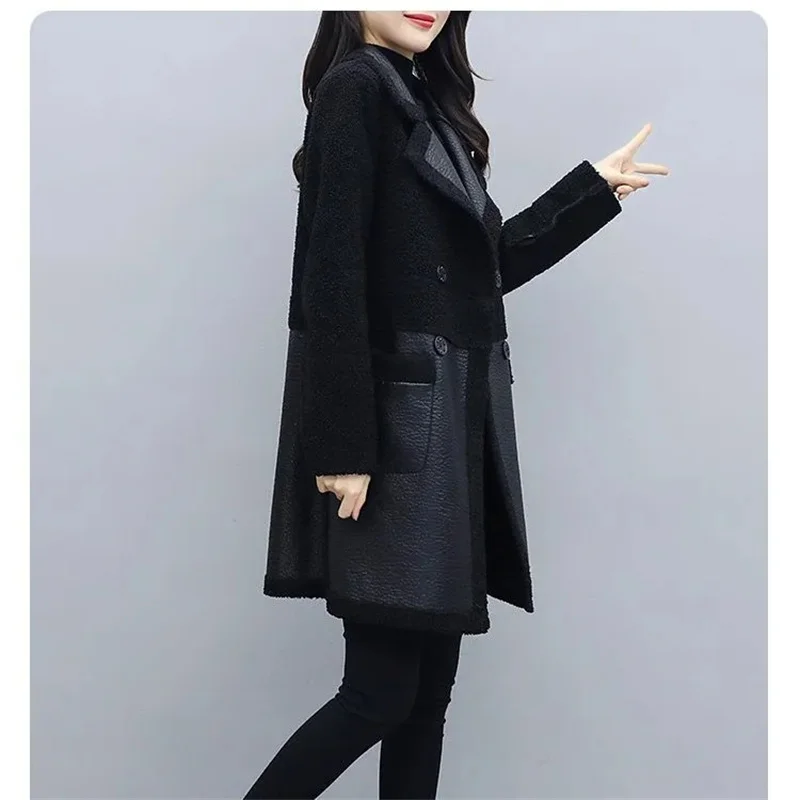 Large Size Jacket Women\'s New Two-Sided Fur Coat Autumn Winter 2024 Lambswool Outerwear Long Padded Overcoat Ladies Leather Tops