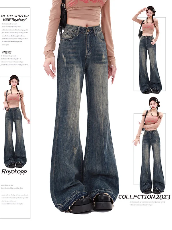 

Американские ретро-джинсы-клеш для женщин, весна-осень, новые, с высокой талией, утягивающие, необычного кроя