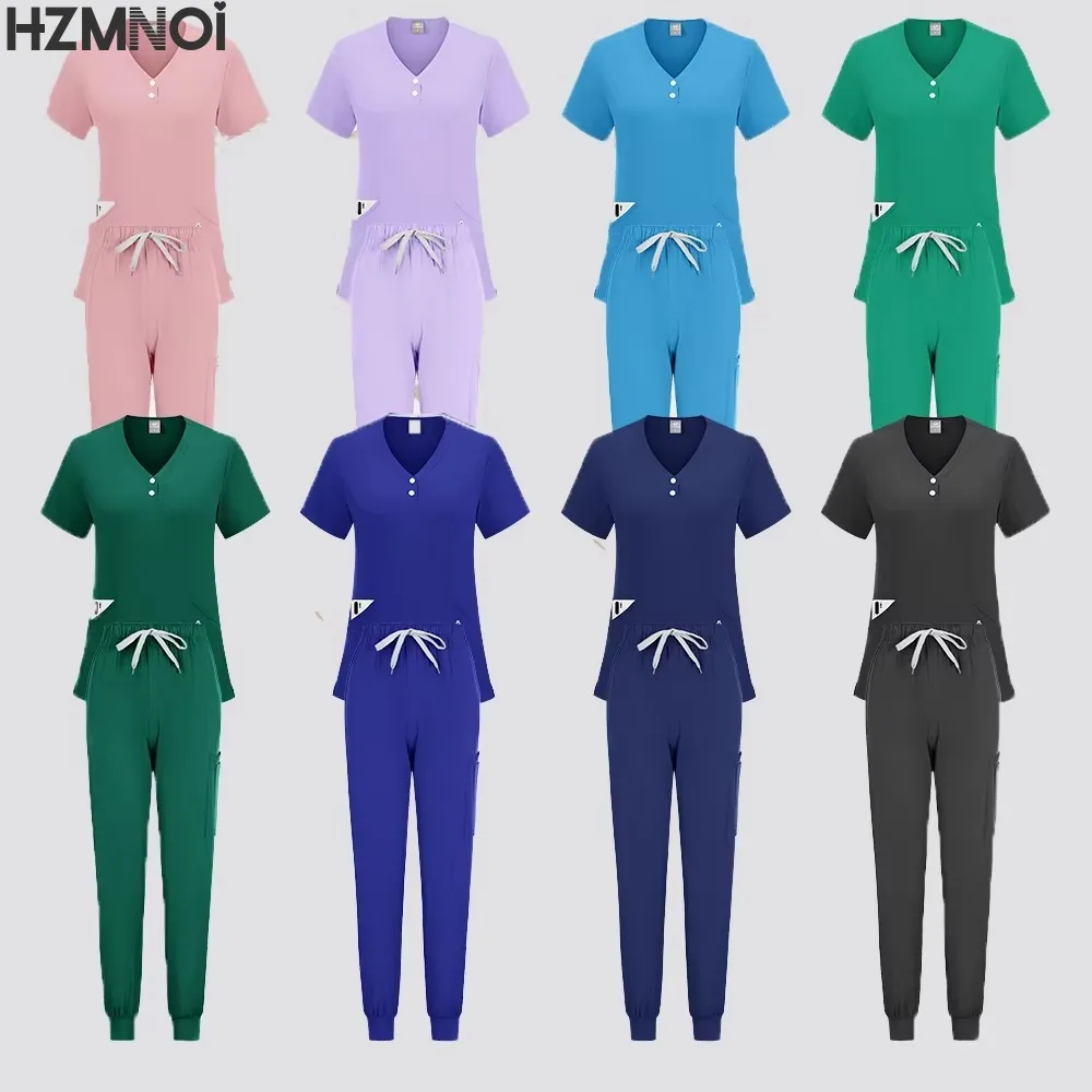 مجموعة فرك الطبية ممرضة الزي الجراحي امرأة الجمال عمال تمتد الدعك السريرية أعلى + سراويل للجري الطبيب الطبيب البيطري بدلة التمريض