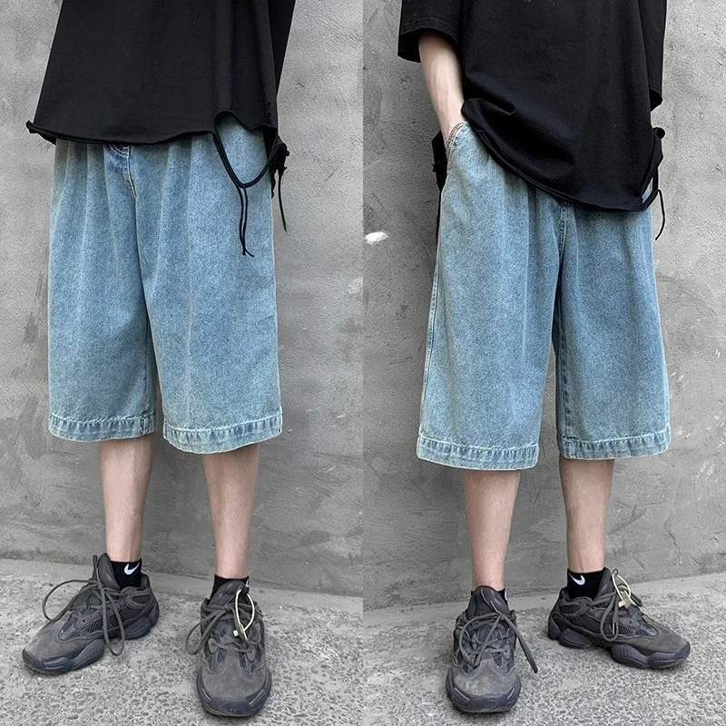 

Summer Men's Denim orts Trendy Outerwear Seven-Foot Loose Wide-Leg Jeans Casual Mid-Waist Zipper Straight Leg Jeans