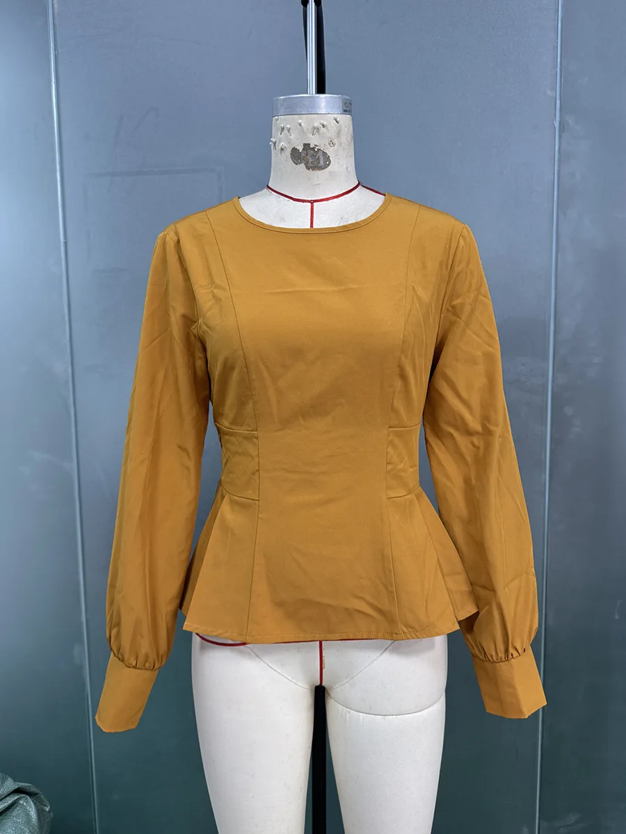 Elegant Puff Sleeve Slim Fit Blouse Solid Long Sleeve Top Autumn O Neck Shirt Women Light Brown Clothing