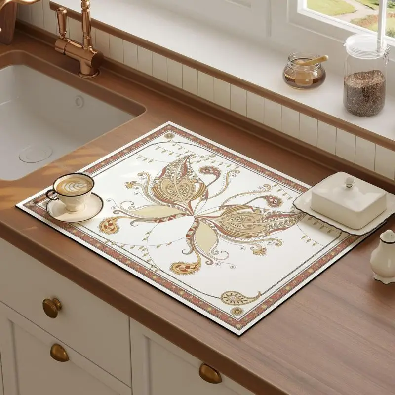 VIKAMA Paisley Print Coffee Mat Super Absorbent Quick Dry Non-slip Kitchen Sink Drying Pad Kitchen Accessories Home Decor