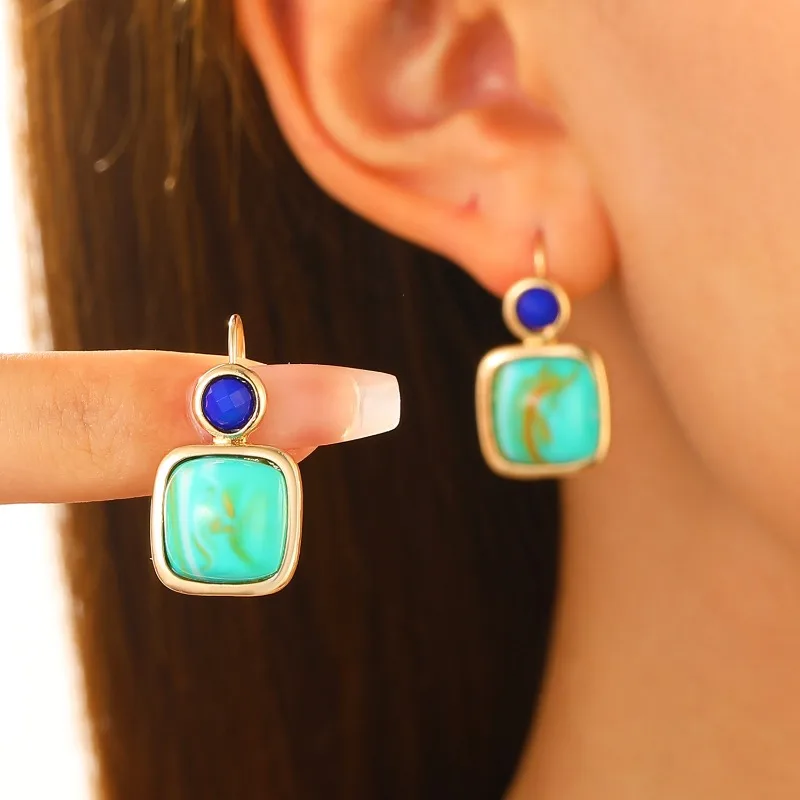 2024 New Minimalist Geometric Square Turquoise Earrings for Women's High-end Accessories Bohemian Vacation Style Earrings