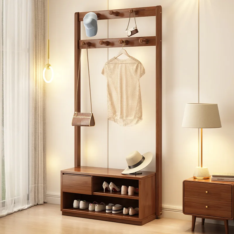 Solid wood coat rack can sit, shoe changing stool integrated storage rack floor-to-ceiling multi-functional hanger