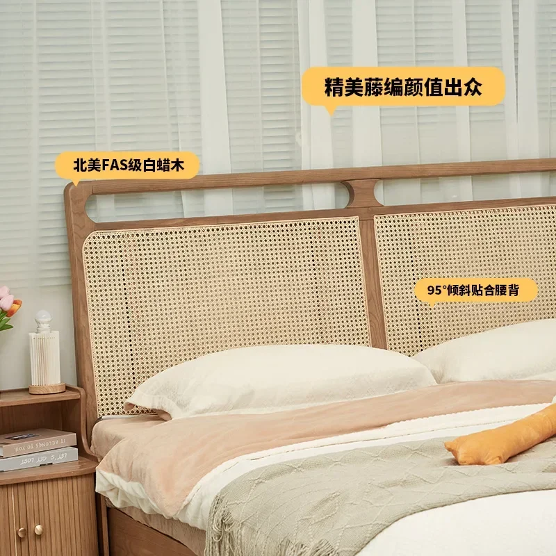 Rattan solid wood bed 1.8m double Nordic retro log Japanese bed and breakfast furniture rattan bed modern simple 1.5 meters