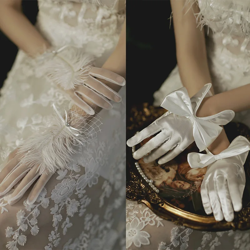 Robe de mariée en satin blanc, gants courts et élégants, gants de patients en maille, dentelle, doigt de plume, nœud de perle de pétale, nouveau