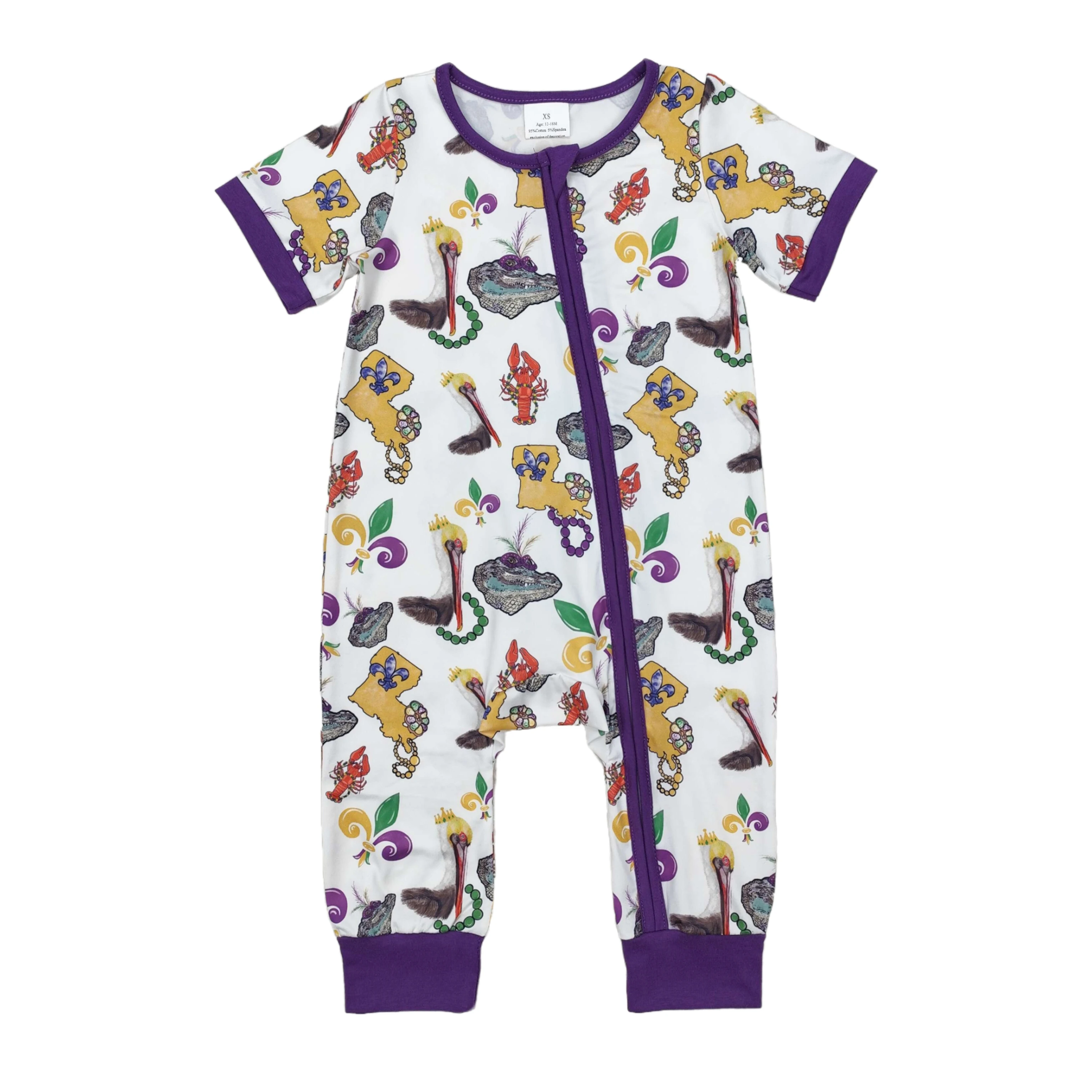 Wholesale Baby Boy Mardi Gras Bodysuit Children Short Sleeves Zipper Purple Romper Kid Toddler Newborn Coverall Pajamas Jumpsuit