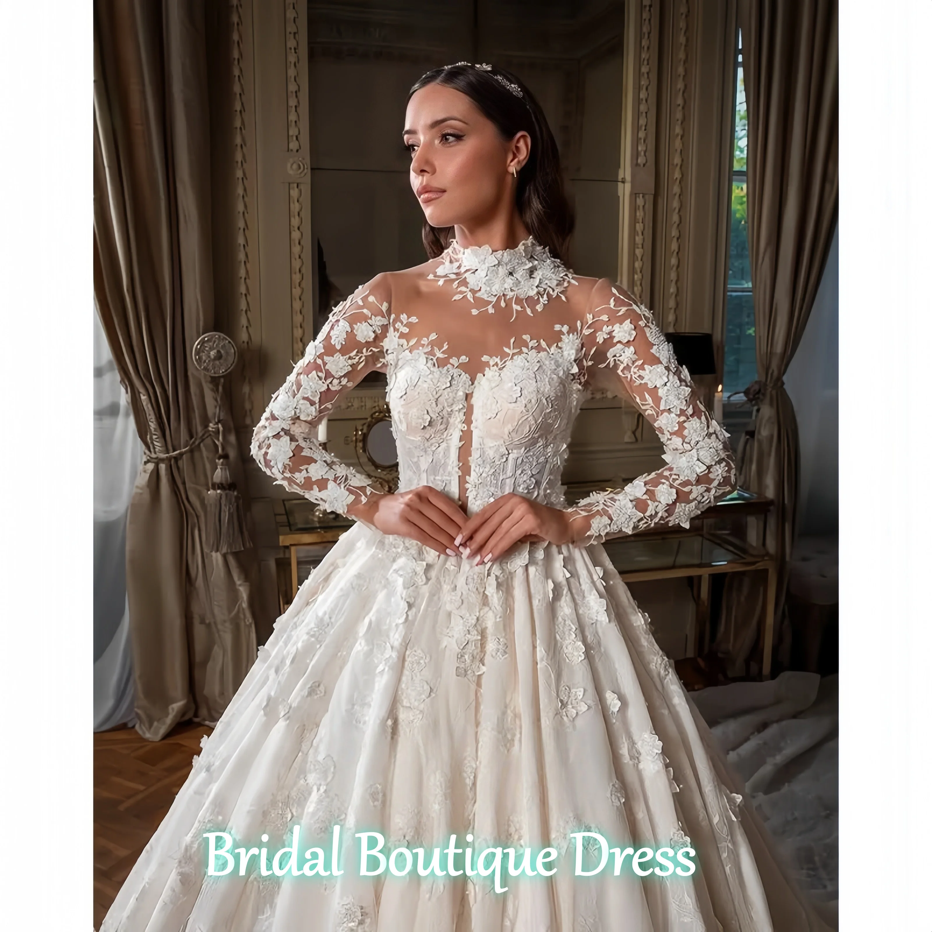 Vestido De Novia personalizado, exquisito, De manga larga, con cuello redondo, escote en forma De corazón, calcomanía De encaje, Vestido De baile nupcial, corte en A, Vestido De Novia