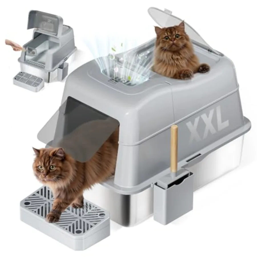 

Stainless Steel Cat Litter Box with 110° Flip-Top Lid -XXL Top Entry Enclosed Litter Box for Large Cats with Deodorization Box,