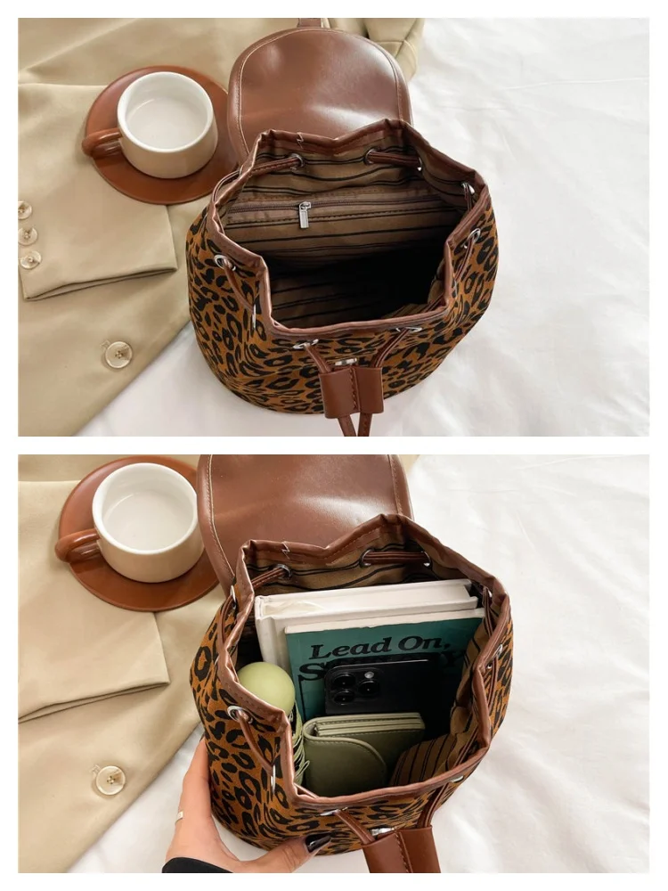 New Girls' Leopard Pattern Backpack High Quality Student School Bag Trend Drawstring Anti theft Design Women's Travel Bag Wallet