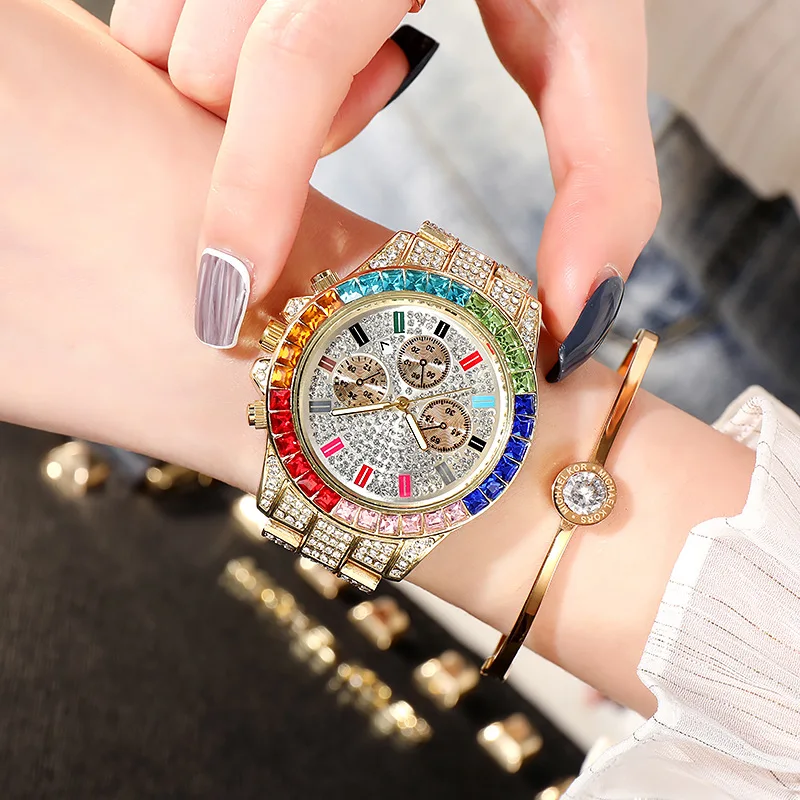 Women Watch Girl Simple Gold Dial Iced Out Quartz Clock Luxury Rhinestone Wrist Watch Big Size for Women Watches Reloj Mujer