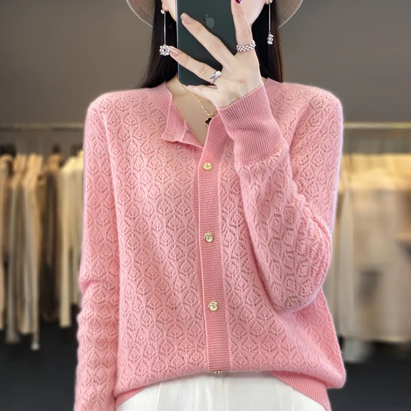 Spring and autumn new 100% wool knitted cardigan ladies hollow O-neck solid color bottoming cashmere sweater outside the coat