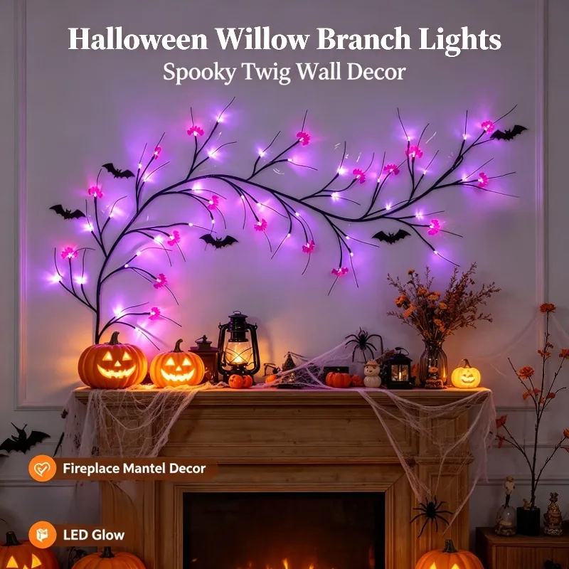 Bendable Halloween Willow Branch Lights, LED Fairy Twig Decor with Bat Pumpkin for Indoor Holiday Party