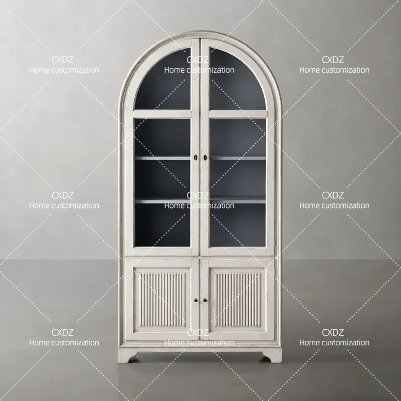 Retro old arched locker multi-layer solid wood bookcase simple glass door decorative cabinet retro arched cabinet door