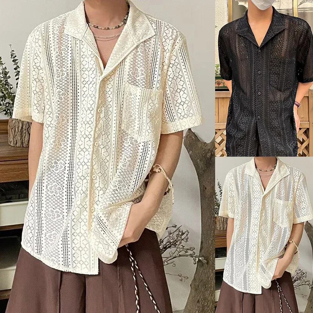 Confortável moda quente novo elegante camisa masculina manga curta cor sólida camisetas transparente oco para fora regular retro