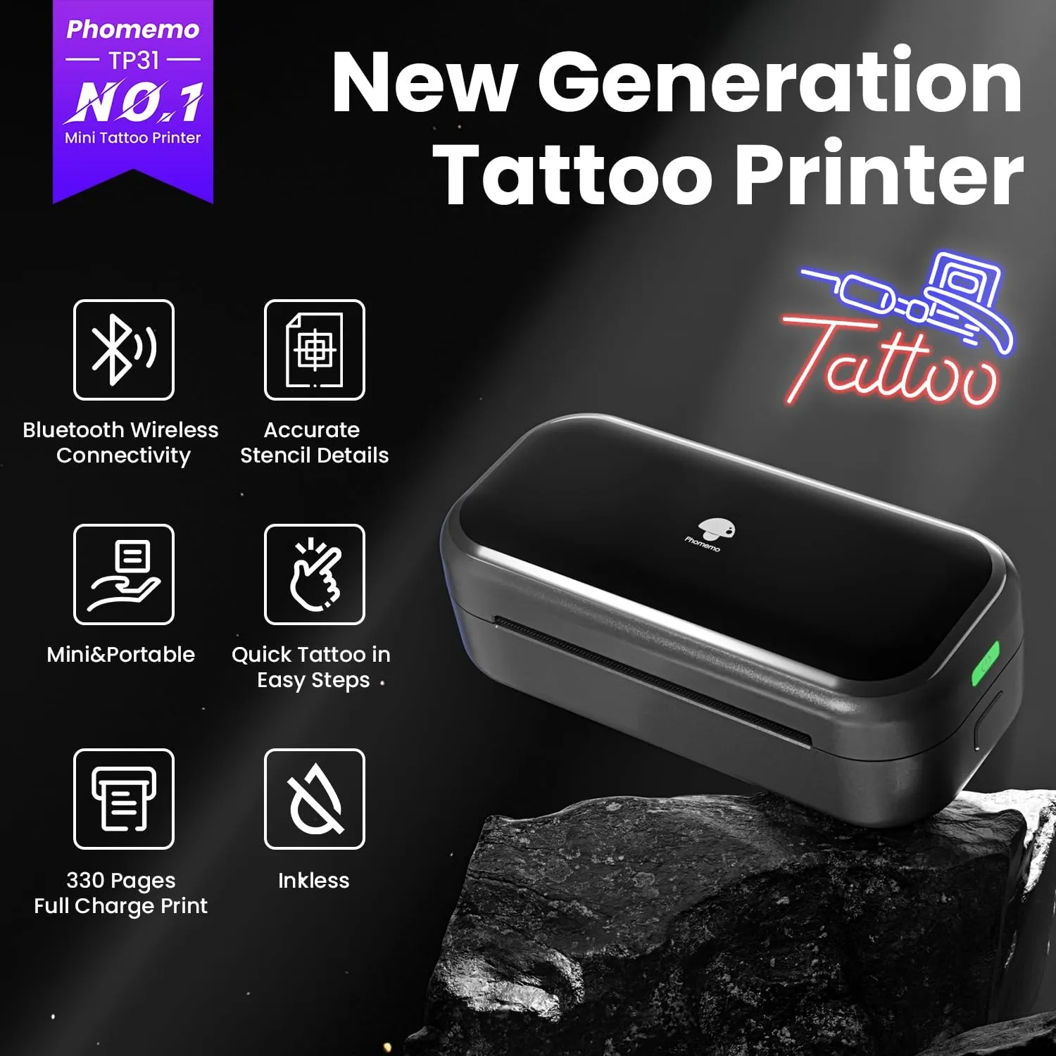 TP31 Wireless Tattoo Stencil Printer Thermal Label Printer with 30pcs Transfer Paper Bluetooth Tattoo Printer for Small Artist