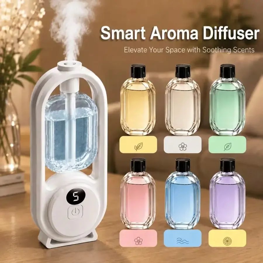 The Smart Essential Oil Diffuser Has Five Adjustable Scent Modes, A Battery Level Indicator, A Warm Ambient Light, Replaceable Fragrance Refills, And USB Charging, Making It Perfect For Home Decor, Relaxing In The Bedroom, Or As A Holiday Gift.