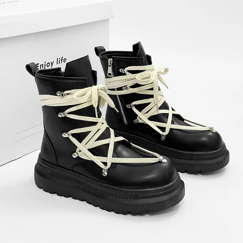 Men Shoes Leather Casual Cross-Tide Platform Increasing Thick Sole Lace Up Ankle Boots Vintage Luxury Low Sneakers Owens