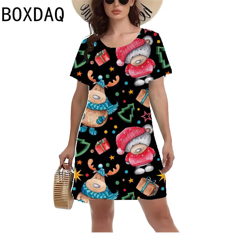 Damska sukienka świąteczna z krótkim rękawem O-Neck Casual A-Line Dress 3D Cartoon Santa Claus Christmas Tree Print Mini Dress Vestidos